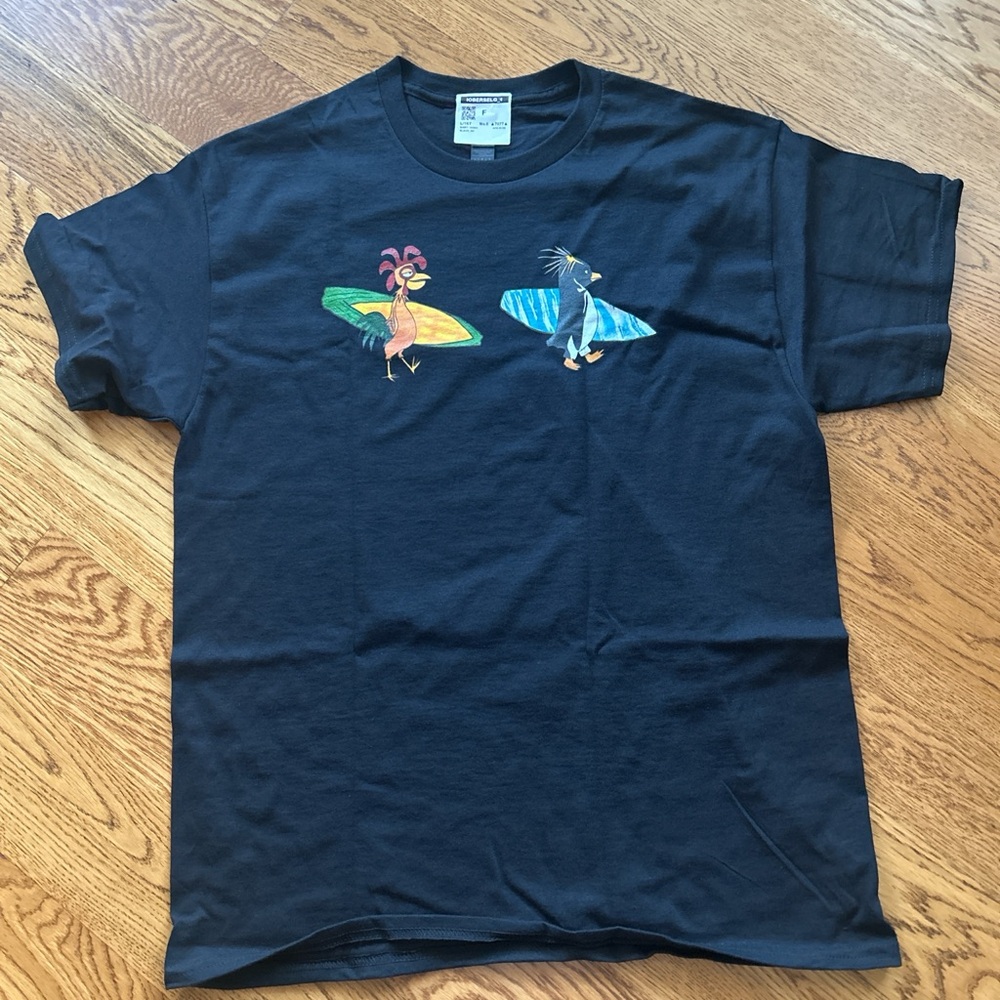 Black Graphic T-Shirt with Surfing Characters